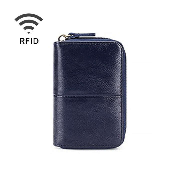 TP-8290 RFID Oil Wax Leather Zipper Change Purse Organ Card Holder(Blue)