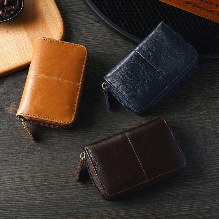 TP-8290 RFID Oil Wax Leather Zipper Change Purse Organ Card Holder(Blue)