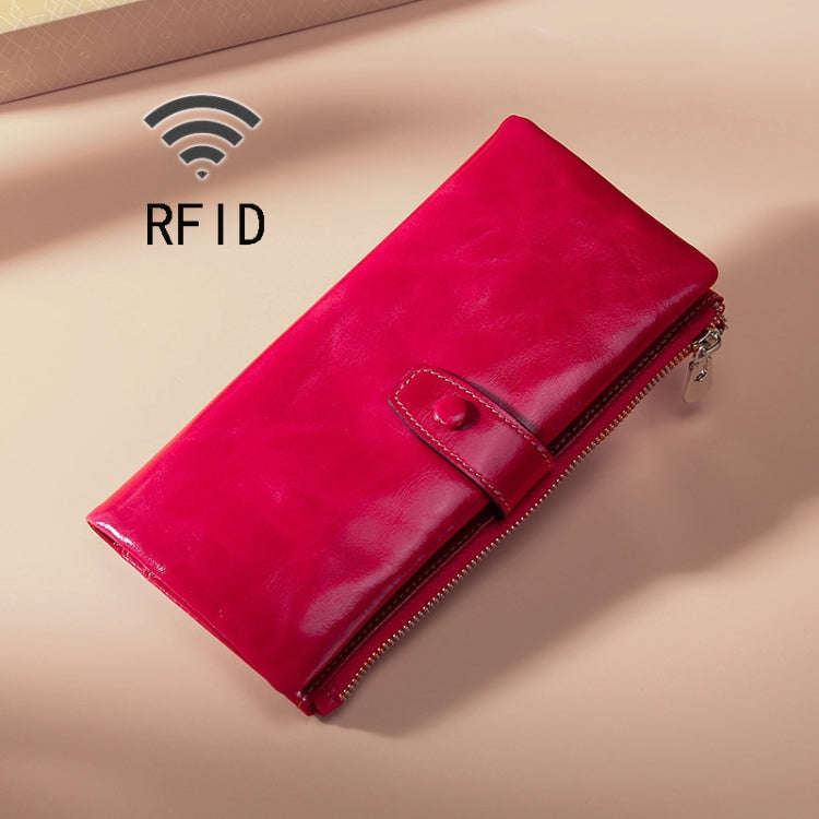 TP-189 Oilskin Leather Multi-functional Zipper RFID Leather Wallet(Rose Red)