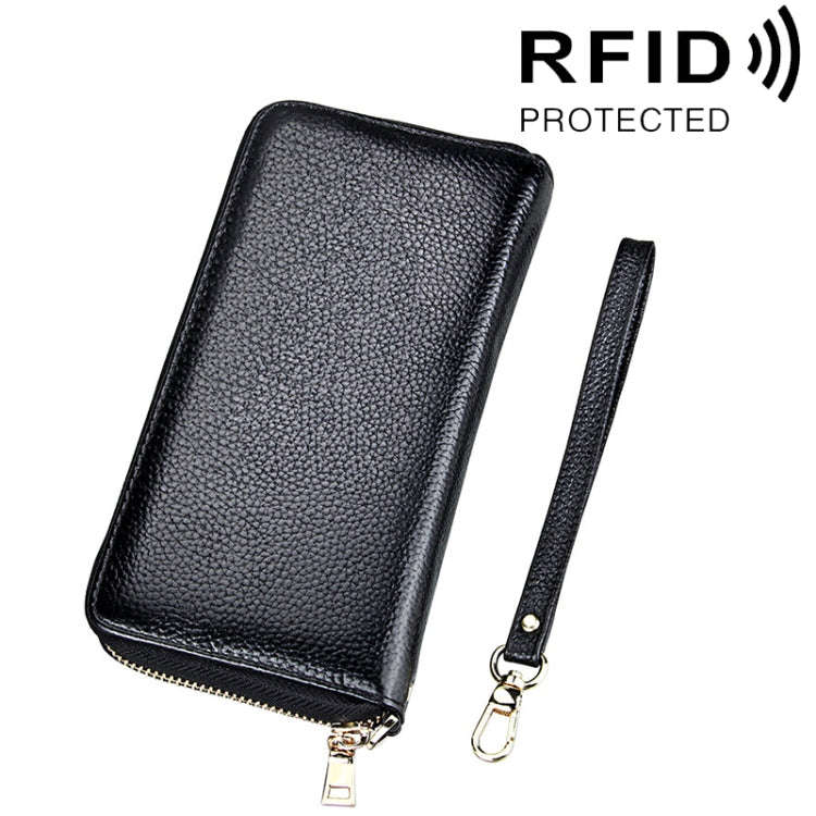 Genuine Cowhide Leather Litchi Texture Zipper Long Style Card Holder Wallet RFID Blocking Coin Pu...
