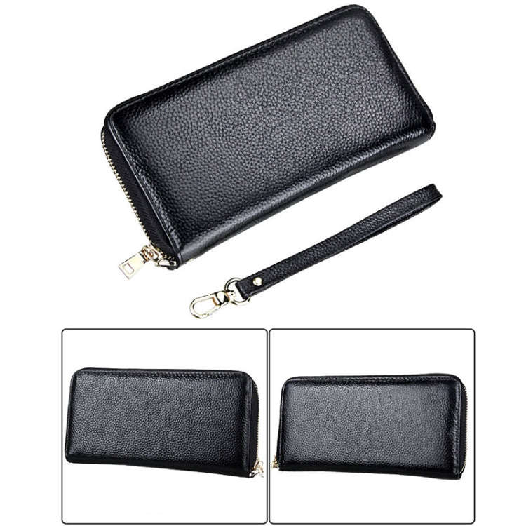 Genuine Cowhide Leather Litchi Texture Zipper Long Style Card Holder Wallet RFID Blocking Coin Pu...