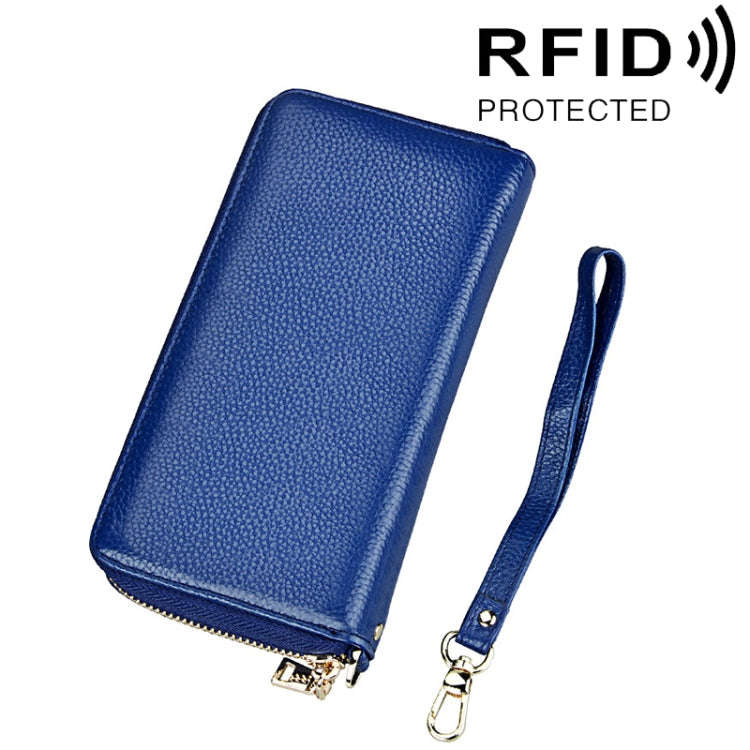 Genuine Cowhide Leather Litchi Texture Zipper Long Style Card Holder Wallet RFID Blocking Coin Pu...