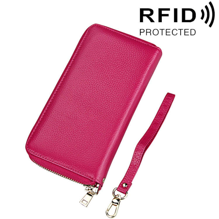 Genuine Cowhide Leather Litchi Texture Zipper Long Style Card Holder Wallet RFID Blocking Coin Pu...