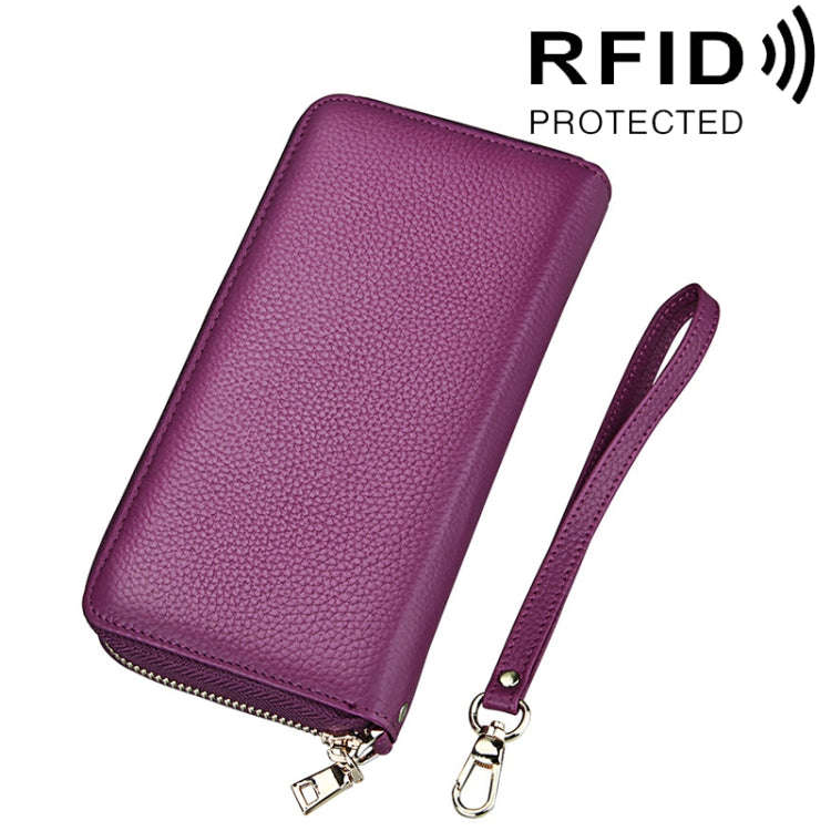 Genuine Cowhide Leather Litchi Texture Zipper Long Style Card Holder Wallet RFID Blocking Coin Pu...