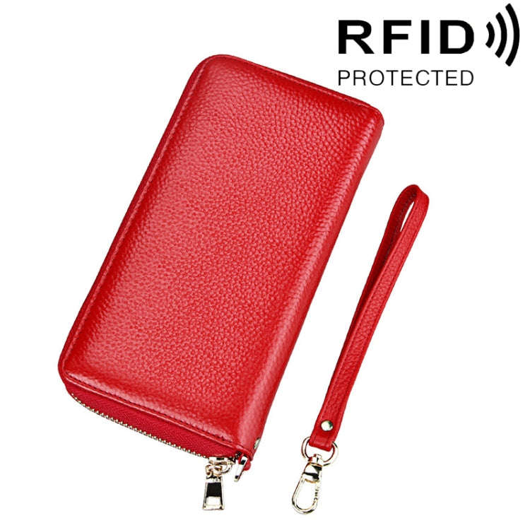 Genuine Cowhide Leather Litchi Texture Zipper Long Style Card Holder Wallet RFID Blocking Coin Pu...