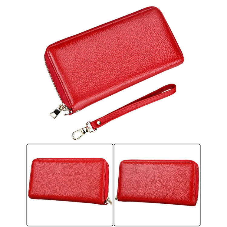 Genuine Cowhide Leather Litchi Texture Zipper Long Style Card Holder Wallet RFID Blocking Coin Pu...