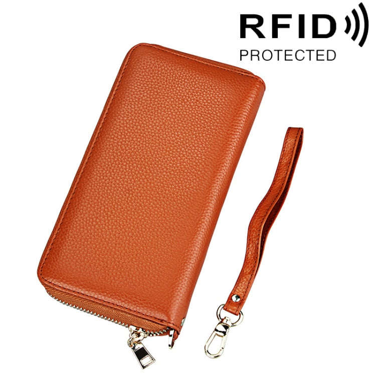 Genuine Cowhide Leather Litchi Texture Zipper Long Style Card Holder Wallet RFID Blocking Coin Pu...