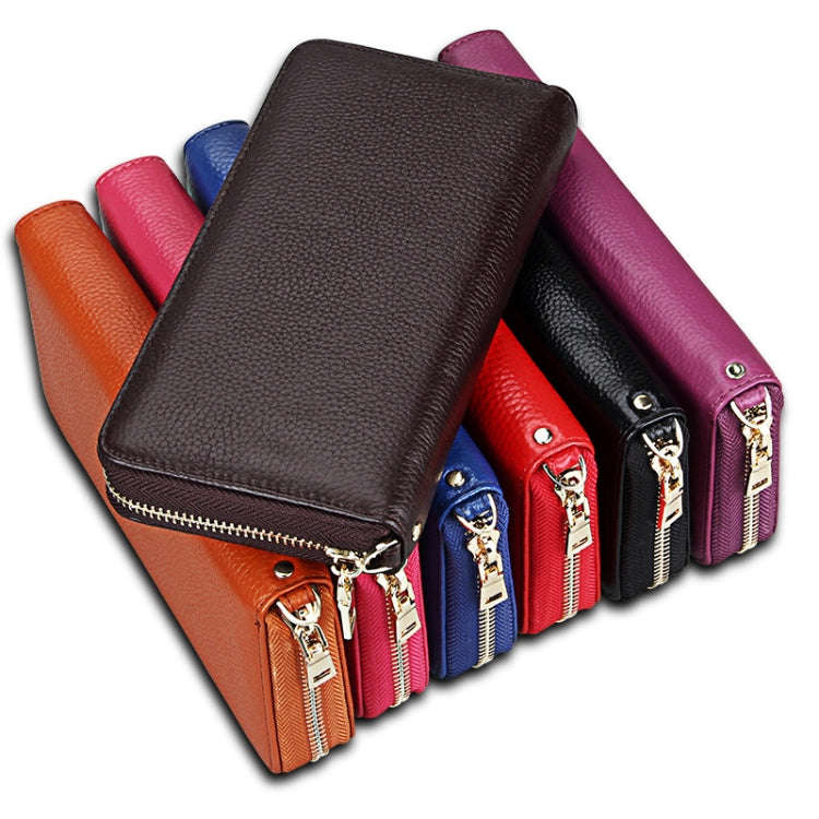 Genuine Cowhide Leather Litchi Texture Zipper Long Style Card Holder Wallet RFID Blocking Coin Pu...