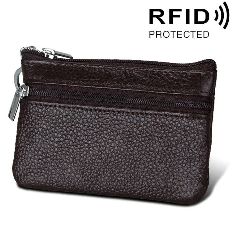 Cowhide Leather Zipper Solid Color Horizontal Card Holder Wallet RFID Blocking Coin Purse Card Ba...