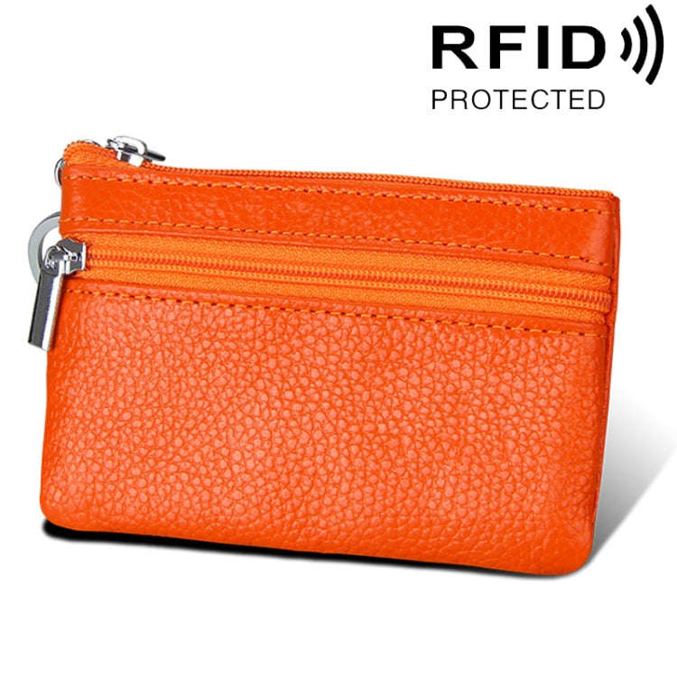 Cowhide Leather Zipper Solid Color Horizontal Card Holder Wallet RFID Blocking Coin Purse Card Ba...