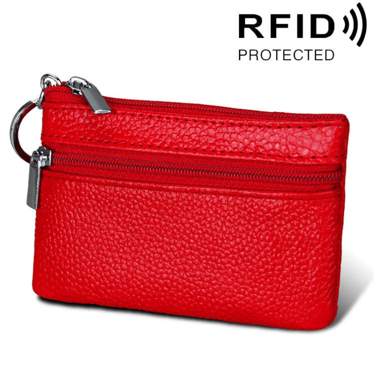 Cowhide Leather Zipper Solid Color Horizontal Card Holder Wallet RFID Blocking Coin Purse Card Ba...