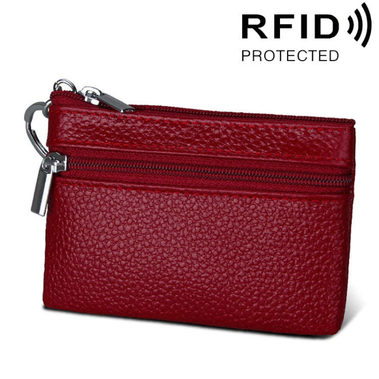 Cowhide Leather Zipper Solid Color Horizontal Card Holder Wallet RFID Blocking Coin Purse Card Ba...