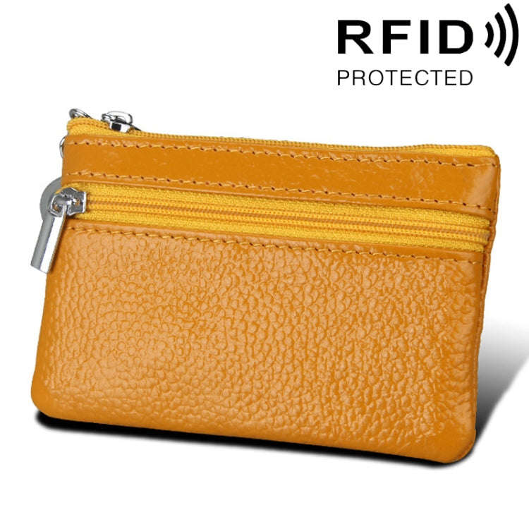 Cowhide Leather Zipper Solid Color Horizontal Card Holder Wallet RFID Blocking Coin Purse Card Ba...