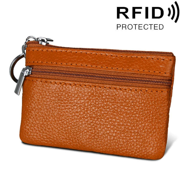 Cowhide Leather Zipper Solid Color Horizontal Card Holder Wallet RFID Blocking Coin Purse Card Ba...