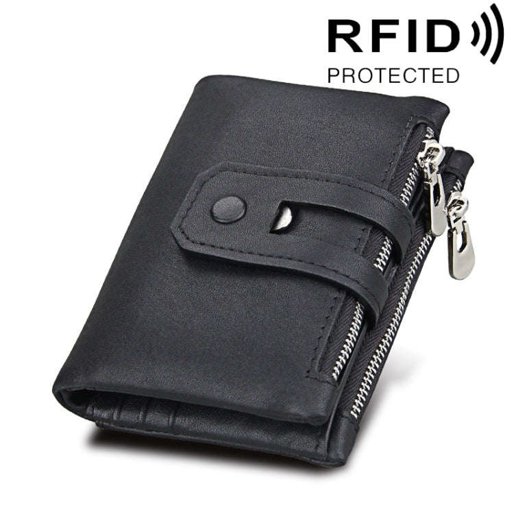 Genuine Cowhide Leather Crazy Horse Texture Zipper 3-folding Card Holder Wallet RFID Blocking Coi...