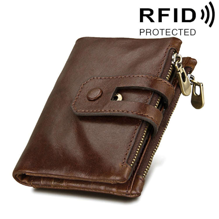 Genuine Cowhide Leather Crazy Horse Texture Zipper 3-folding Card Holder Wallet RFID Blocking Coi...