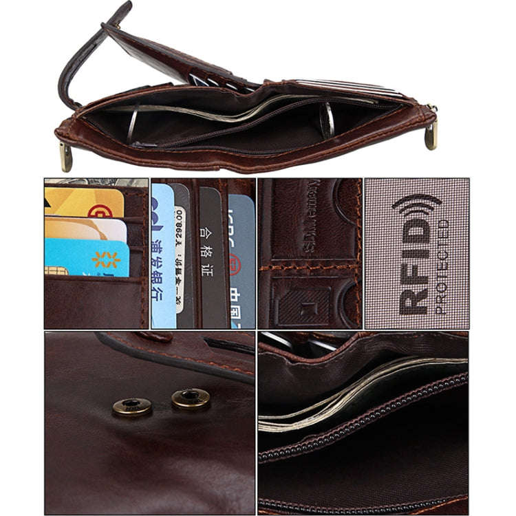 Genuine Cowhide Leather Crazy Horse Texture Zipper 3-folding Card Holder Wallet RFID Blocking Coi...