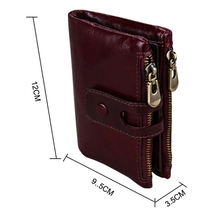 Genuine Cowhide Leather Crazy Horse Texture Zipper 3-folding Card Holder Wallet RFID Blocking Coi...