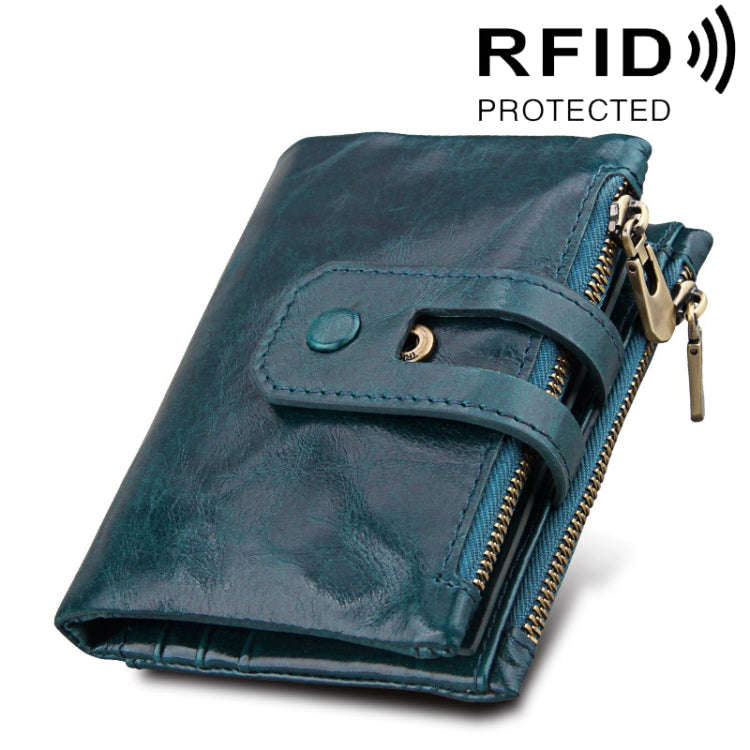 Genuine Cowhide Leather Crazy Horse Texture Zipper 3-folding Card Holder Wallet RFID Blocking Coi...