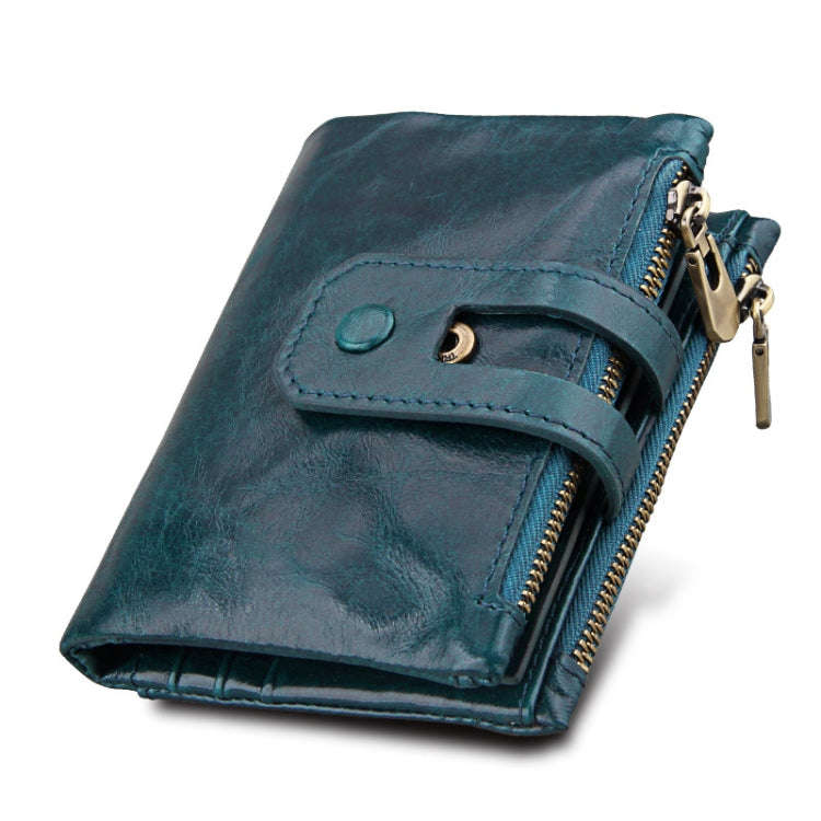 Genuine Cowhide Leather Crazy Horse Texture Zipper 3-folding Card Holder Wallet RFID Blocking Coi...