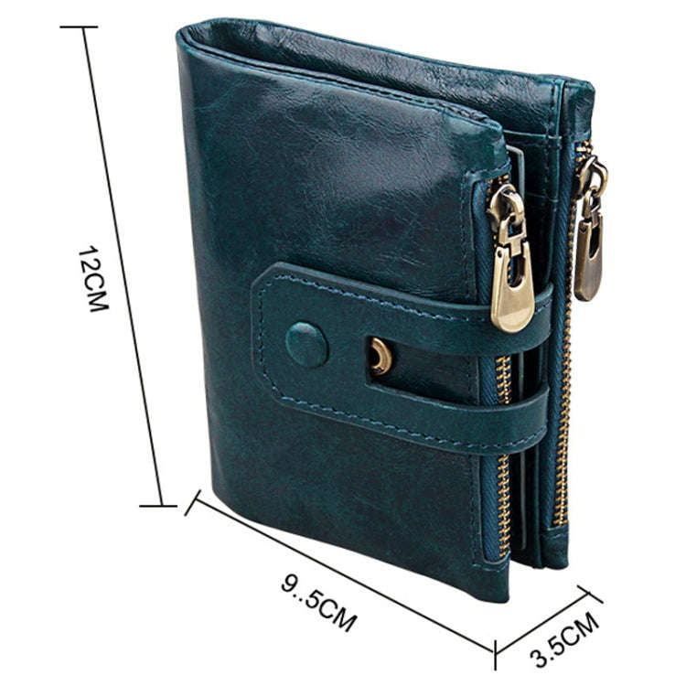 Genuine Cowhide Leather Crazy Horse Texture Zipper 3-folding Card Holder Wallet RFID Blocking Coi...