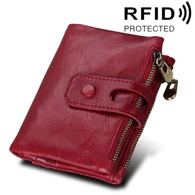 Genuine Cowhide Leather Crazy Horse Texture Zipper 3-folding Card Holder Wallet RFID Blocking Coi...