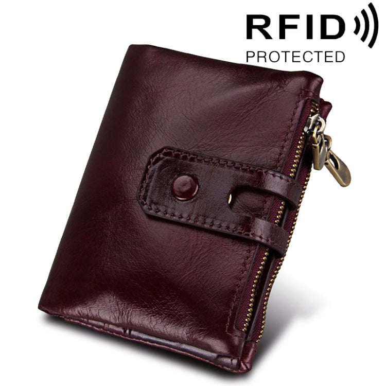 Genuine Cowhide Leather Crazy Horse Texture Zipper 3-folding Card Holder Wallet RFID Blocking Coi...