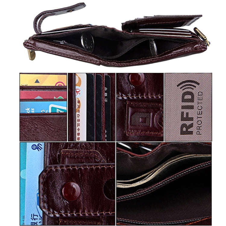 Genuine Cowhide Leather Crazy Horse Texture Zipper 3-folding Card Holder Wallet RFID Blocking Coi...