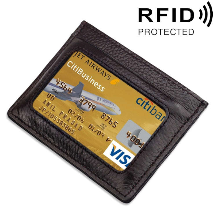 Cowhide Leather Litchi Texture Open Type Solid Color Card Holder RFID Blocking Card Bag Protectiv...