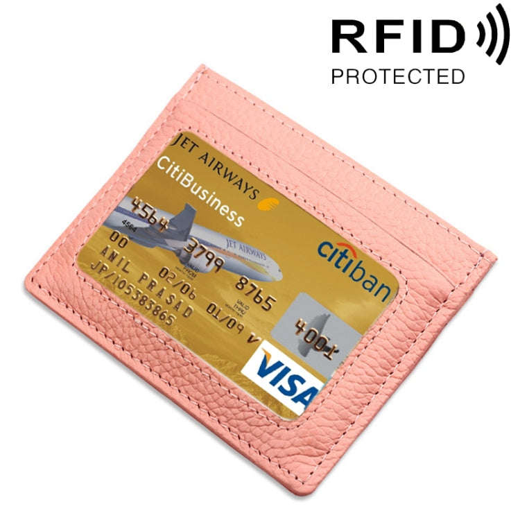 Cowhide Leather Litchi Texture Open Type Solid Color Card Holder RFID Blocking Card Bag Protectiv...