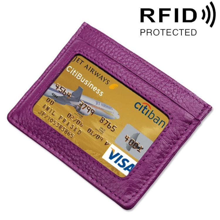 Cowhide Leather Litchi Texture Open Type Solid Color Card Holder RFID Blocking Card Bag Protectiv...
