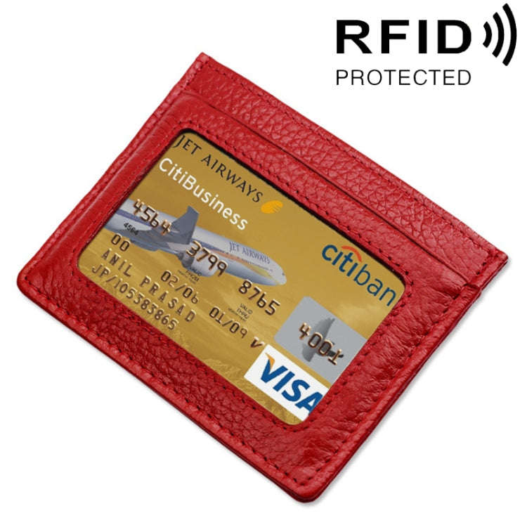 Cowhide Leather Litchi Texture Open Type Solid Color Card Holder RFID Blocking Card Bag Protectiv...