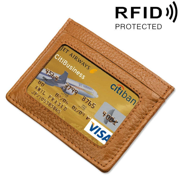 Cowhide Leather Litchi Texture Open Type Solid Color Card Holder RFID Blocking Card Bag Protectiv...