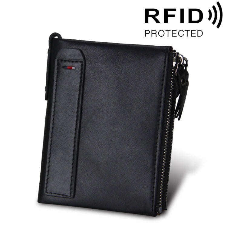 Genuine Cowhide Leather Crazy Horse Texture Dual Zipper Short Style Card Holder Wallet RFID Block...