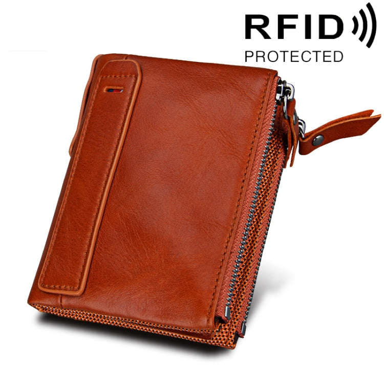 Genuine Cowhide Leather Crazy Horse Texture Dual Zipper Short Style Card Holder Wallet RFID Block...