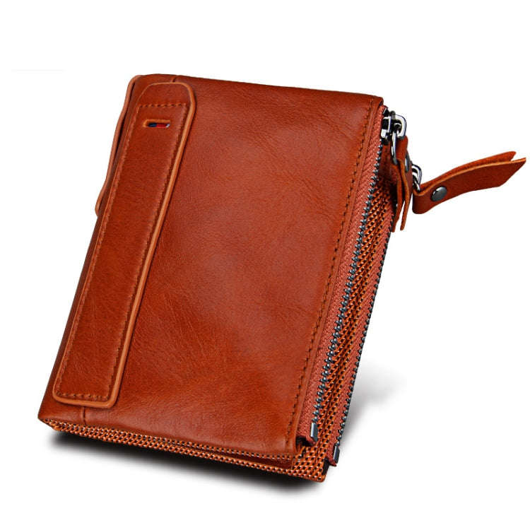 Genuine Cowhide Leather Crazy Horse Texture Dual Zipper Short Style Card Holder Wallet RFID Block...
