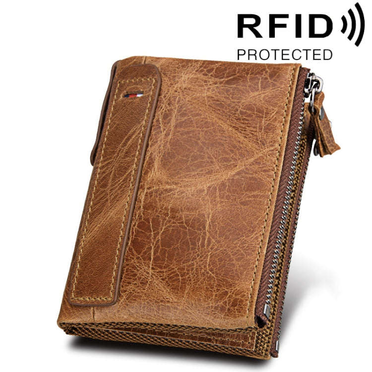 Genuine Cowhide Leather Crazy Horse Texture Dual Zipper Short Style Card Holder Wallet RFID Block...