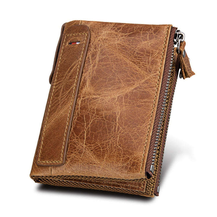 Genuine Cowhide Leather Crazy Horse Texture Dual Zipper Short Style Card Holder Wallet RFID Block...