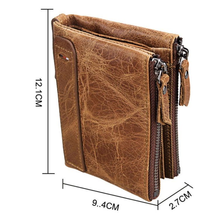 Genuine Cowhide Leather Crazy Horse Texture Dual Zipper Short Style Card Holder Wallet RFID Block...