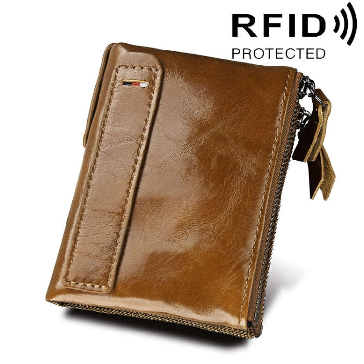 Genuine Cowhide Leather Crazy Horse Texture Dual Zipper Short Style Card Holder Wallet RFID Block...