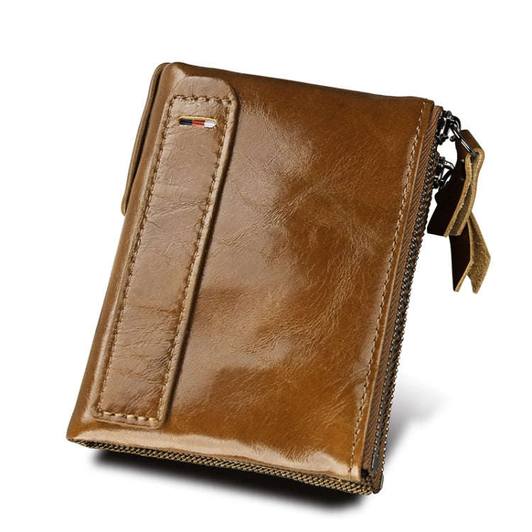 Genuine Cowhide Leather Crazy Horse Texture Dual Zipper Short Style Card Holder Wallet RFID Block...