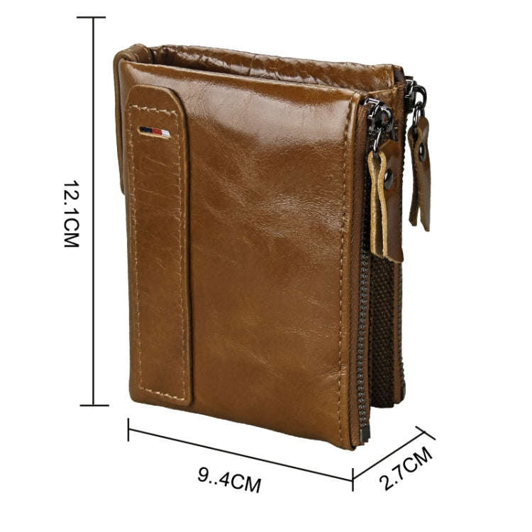 Genuine Cowhide Leather Crazy Horse Texture Dual Zipper Short Style Card Holder Wallet RFID Block...