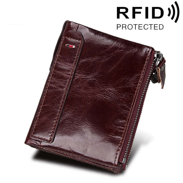 Genuine Cowhide Leather Crazy Horse Texture Dual Zipper Short Style Card Holder Wallet RFID Block...