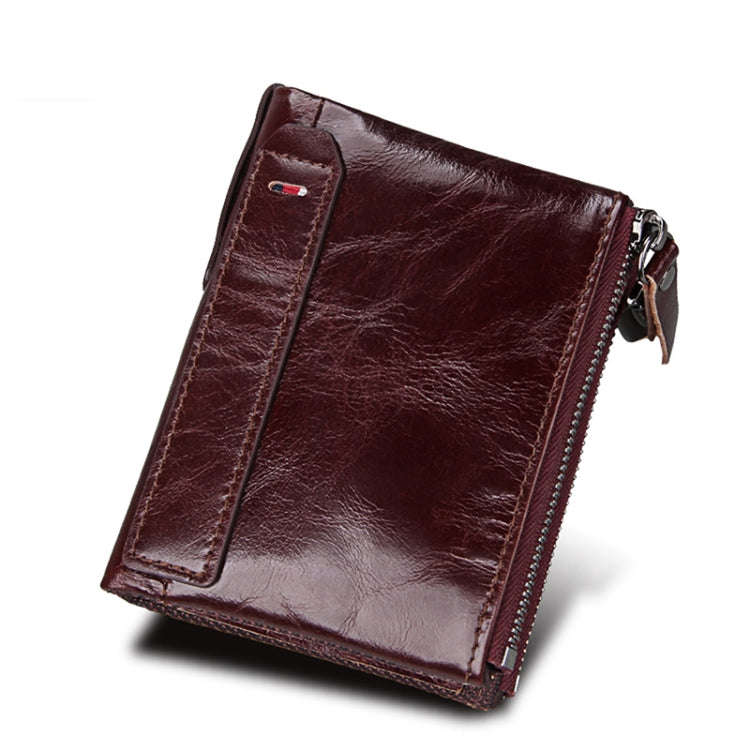 Genuine Cowhide Leather Crazy Horse Texture Dual Zipper Short Style Card Holder Wallet RFID Block...