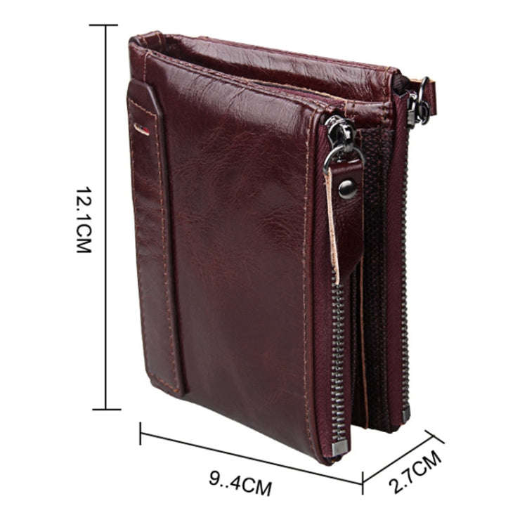 Genuine Cowhide Leather Crazy Horse Texture Dual Zipper Short Style Card Holder Wallet RFID Block...