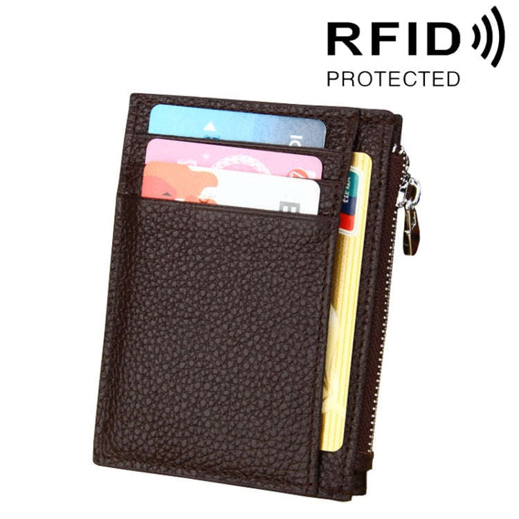Cowhide Leather Solid Color Zipper Card Holder Wallet RFID Blocking Coin Purse Card Bag Protect C...