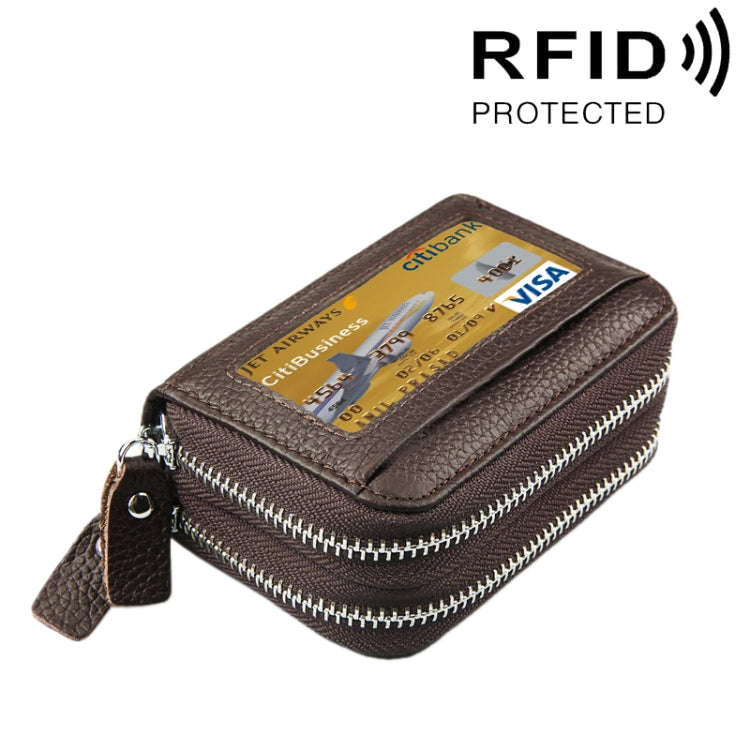 Genuine Cowhide Leather Dual Layer Solid Color Zipper Card Holder Wallet RFID Blocking Coin Purse...