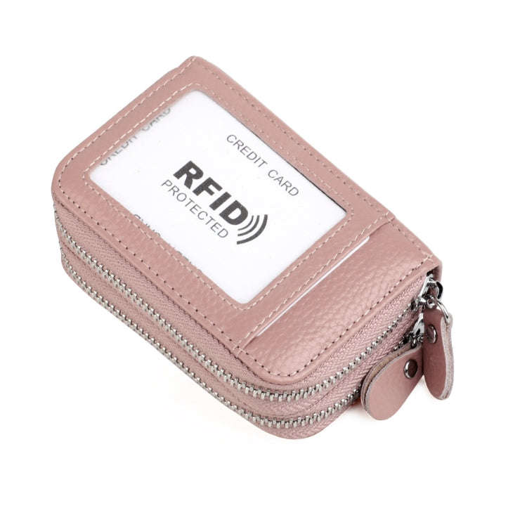 Genuine Leather Dual Layer Zipper Card Holder Wallet RFID Blocking Purse, Size: 10.5x7.0x4.0cm(Pink)