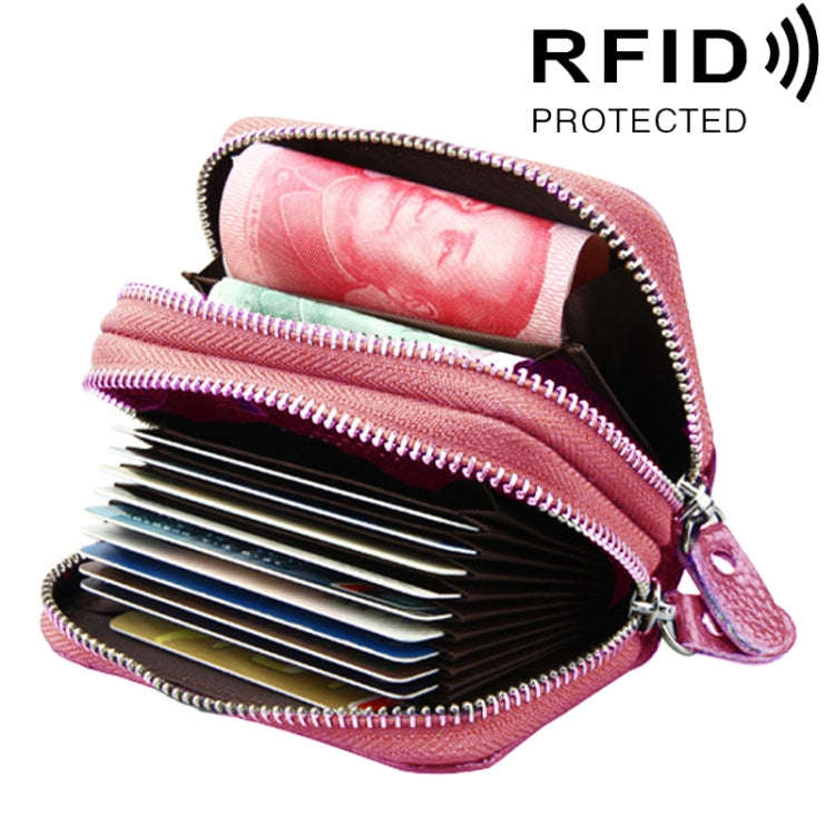 Genuine Leather Dual Layer Zipper Card Holder Wallet RFID Blocking Purse, Size: 10.5x7.0x4.0cm(Pink)