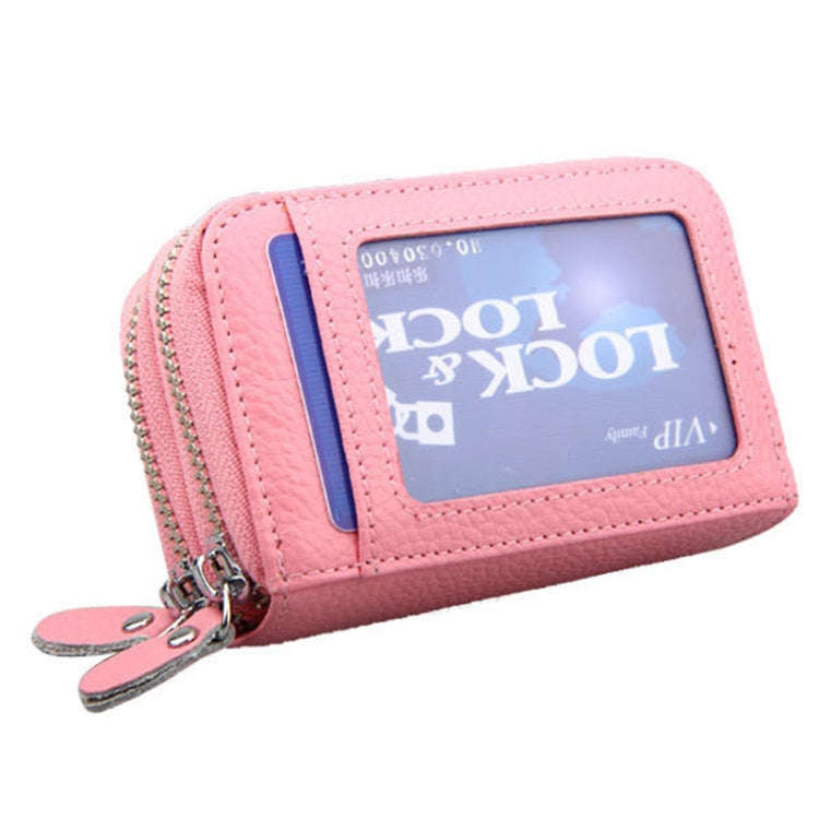 Genuine Leather Dual Layer Zipper Card Holder Wallet RFID Blocking Purse, Size: 10.5x7.0x4.0cm(Pink)